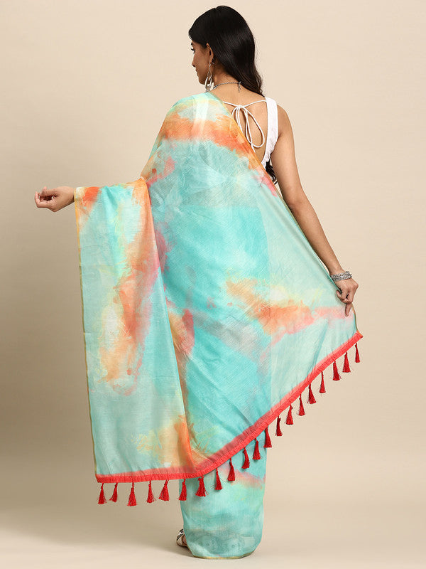 Green Organza Printed Tie and Dye Saree with Unstitched Blouse - Hiral Fashion | Swadesiicart
