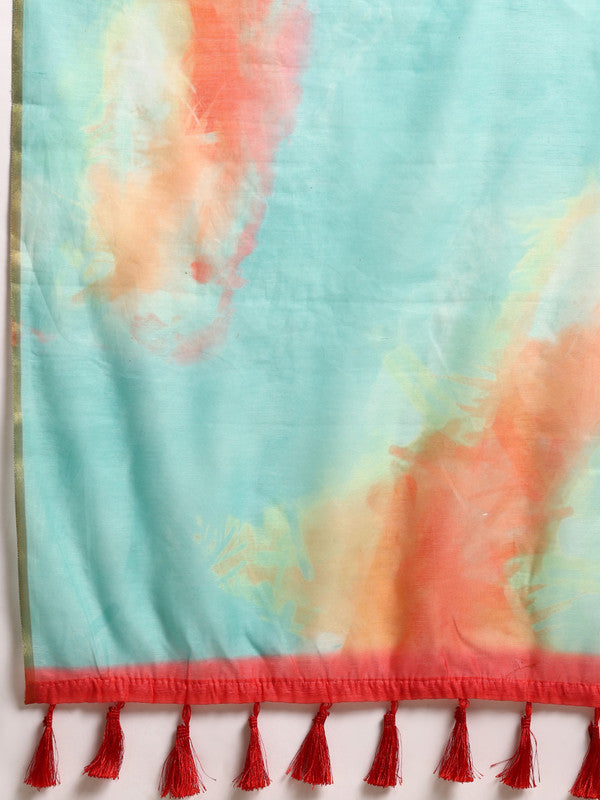Green Organza Printed Tie and Dye Saree with Unstitched Blouse - Hiral Fashion | Swadesiicart