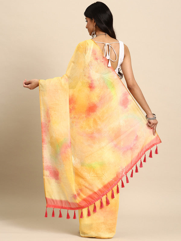 Yellow Organza Printed Tie and Dye Saree with Unstitched Blouse - Hiral Fashion | Swadesiicart