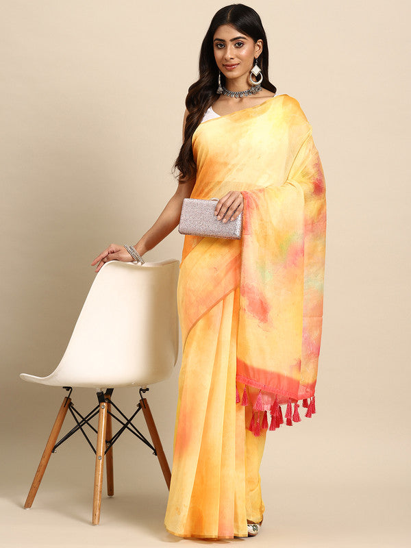 Yellow Organza Printed Tie and Dye Saree with Unstitched Blouse - Hiral Fashion | Swadesiicart