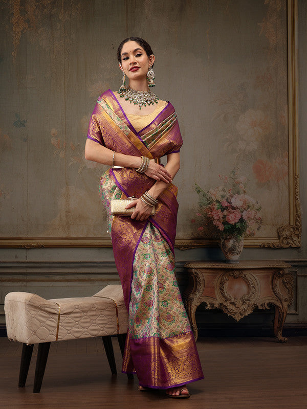Gray/Silver Pure Silk Woven Zari Design Floral Saree with Unstitched Blouse - Hiral Fashion | Swadesiicart