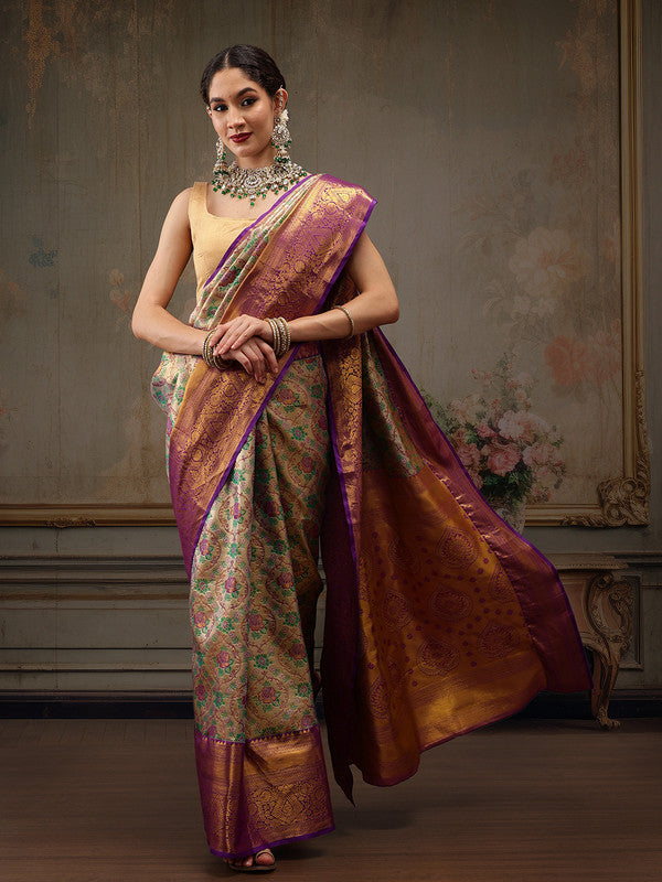 Gray/Silver Pure Silk Woven Zari Design Floral Saree with Unstitched Blouse - Hiral Fashion | Swadesiicart