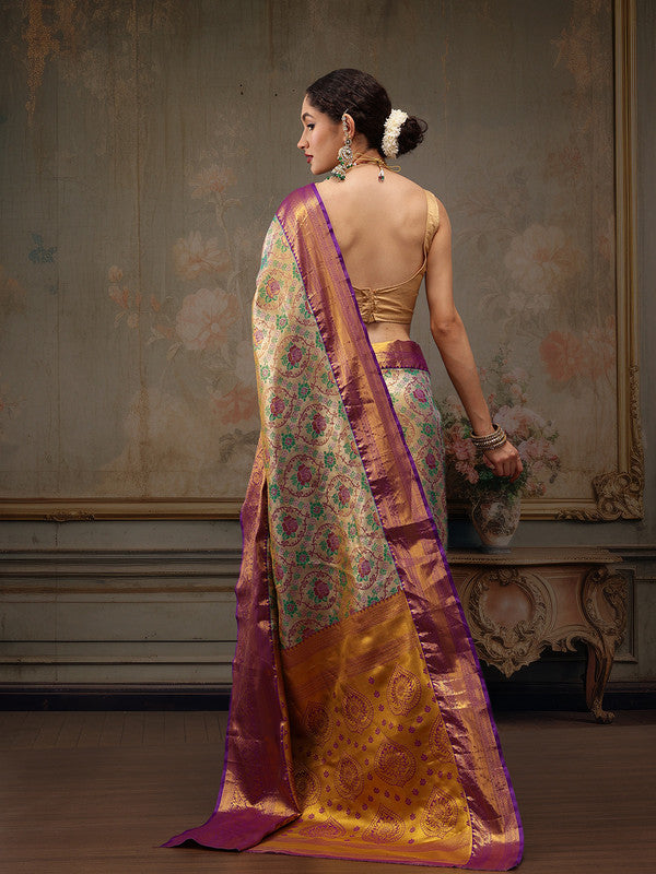 Gray/Silver Pure Silk Woven Zari Design Floral Saree with Unstitched Blouse - Hiral Fashion | Swadesiicart