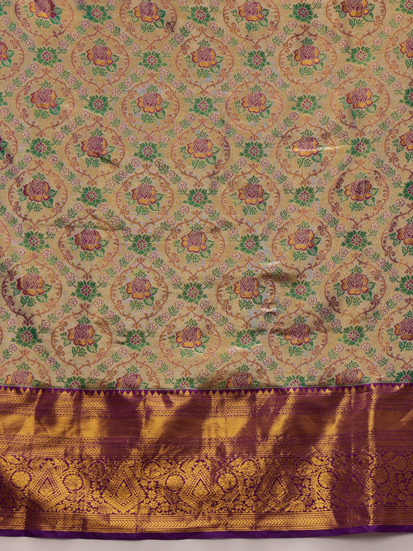 Gray/Silver Pure Silk Woven Zari Design Floral Saree with Unstitched Blouse - Hiral Fashion | Swadesiicart