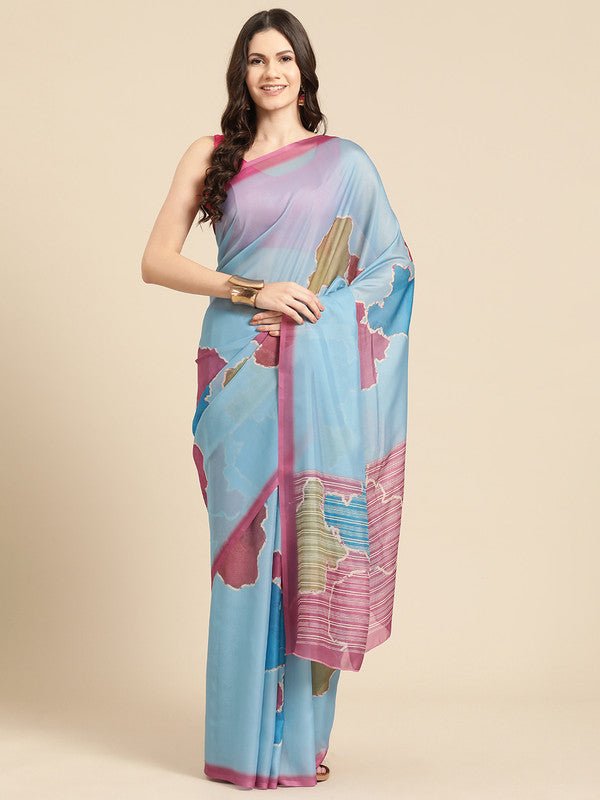 Aqua Silk Blend Printed Abstract Saree with Unstitched Blouse - Hiral Fashion | Swadesiicart