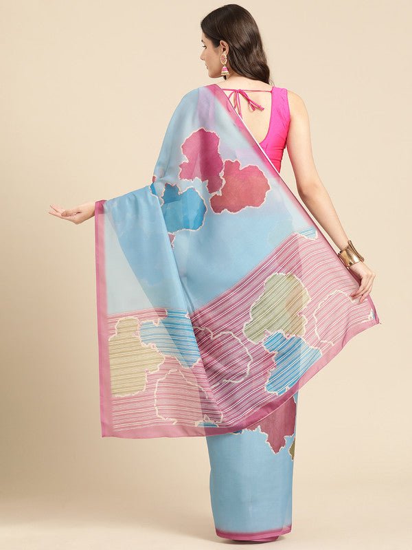 Aqua Silk Blend Printed Abstract Saree with Unstitched Blouse - Hiral Fashion | Swadesiicart