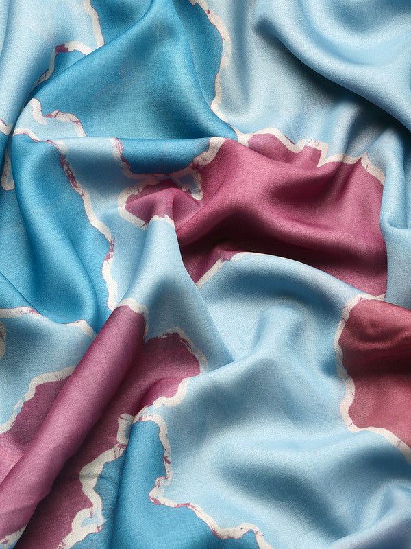 Aqua Silk Blend Printed Abstract Saree with Unstitched Blouse - Hiral Fashion | Swadesiicart