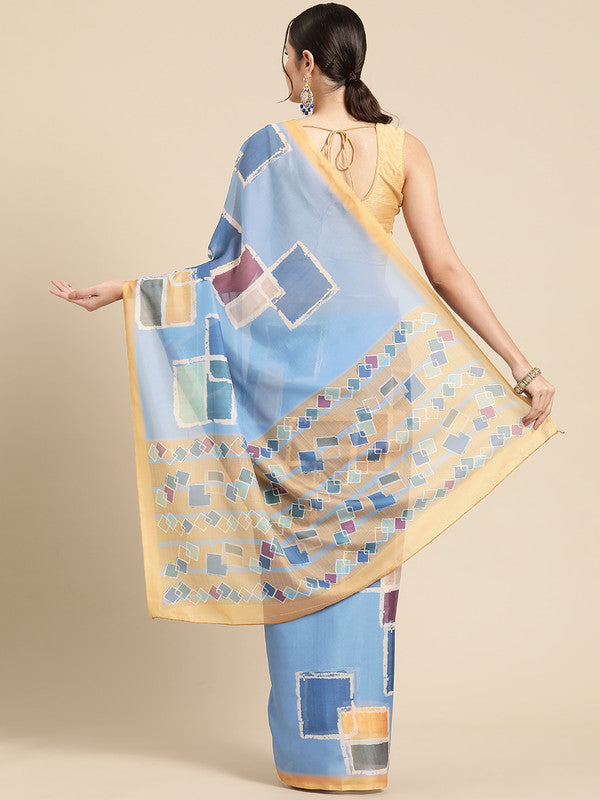 Blue Silk Blend Printed Abstract Saree with Unstitched Blouse - Hiral Fashion | Swadesiicart