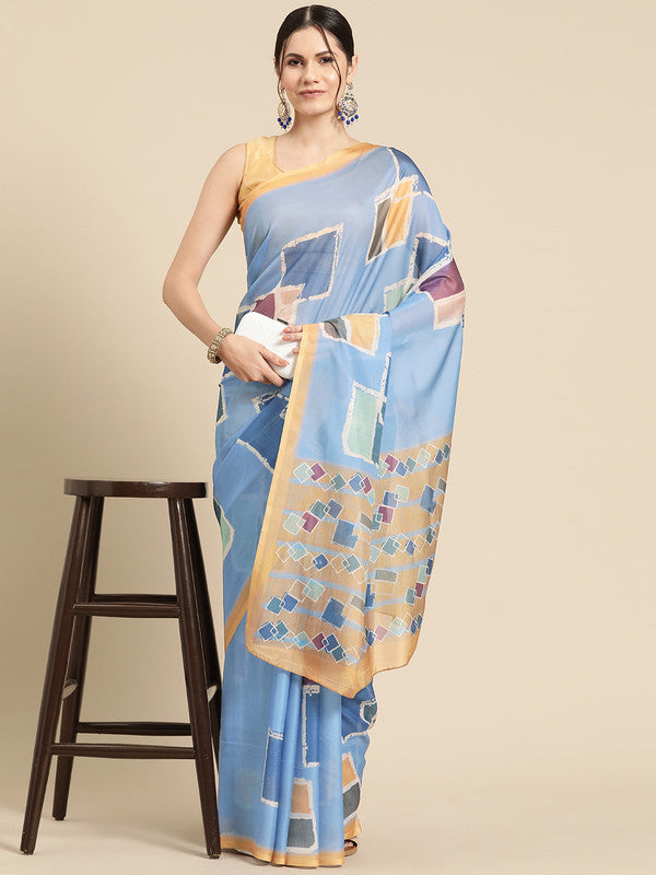 Blue Silk Blend Printed Abstract Saree with Unstitched Blouse - Hiral Fashion | Swadesiicart