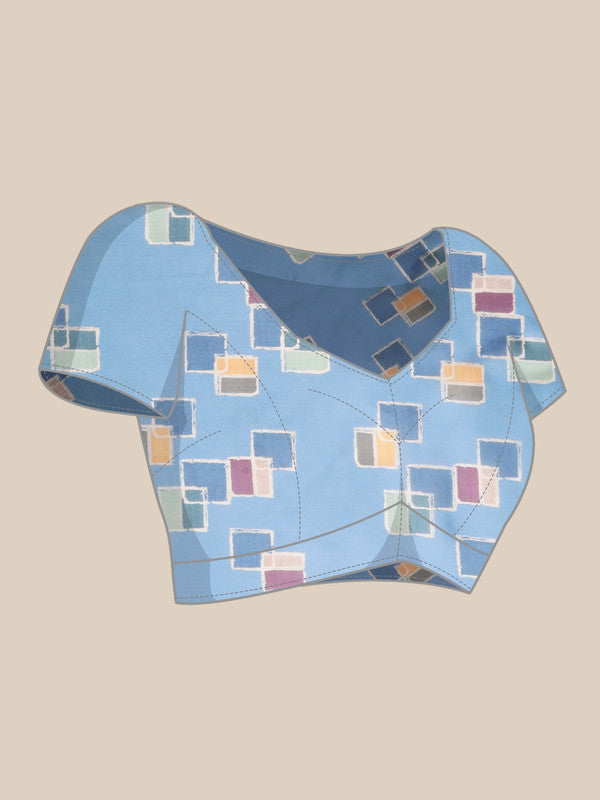 Blue Silk Blend Printed Abstract Saree with Unstitched Blouse - Hiral Fashion | Swadesiicart