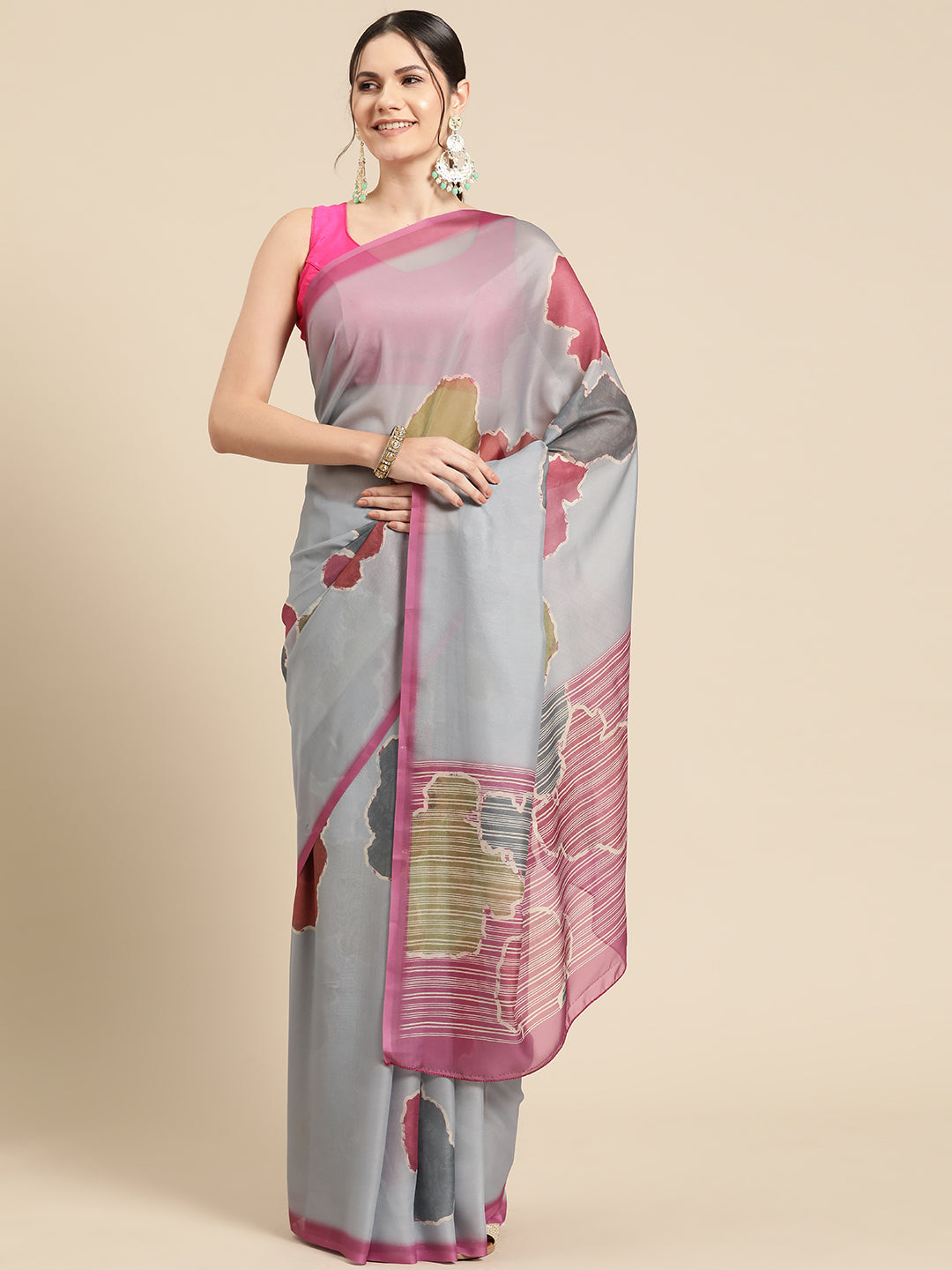 Dark Gray Silk Blend Printed Abstract Saree with Unstitched Blouse - Hiral Fashion | Swadesiicart