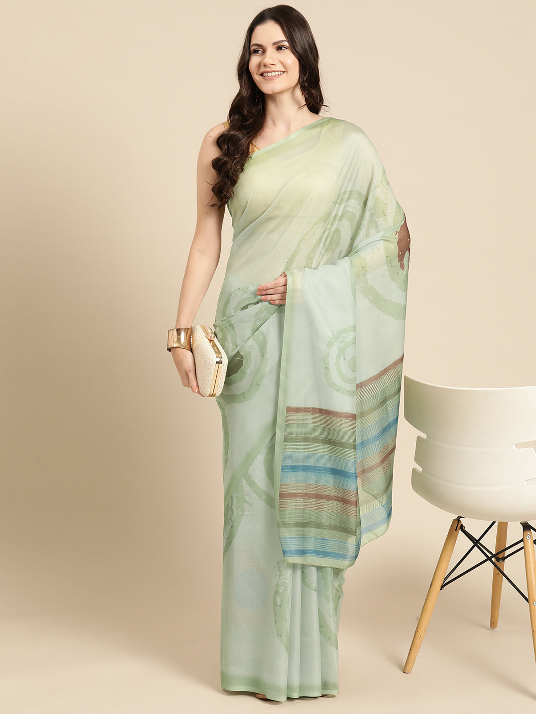 Green Silk Blend Printed Abstract Saree with Unstitched Blouse - Hiral Fashion | Swadesiicart