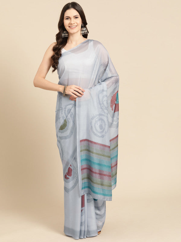 Gray Silk Blend Printed Abstract Saree with Unstitched Blouse - Hiral Fashion | Swadesiicart