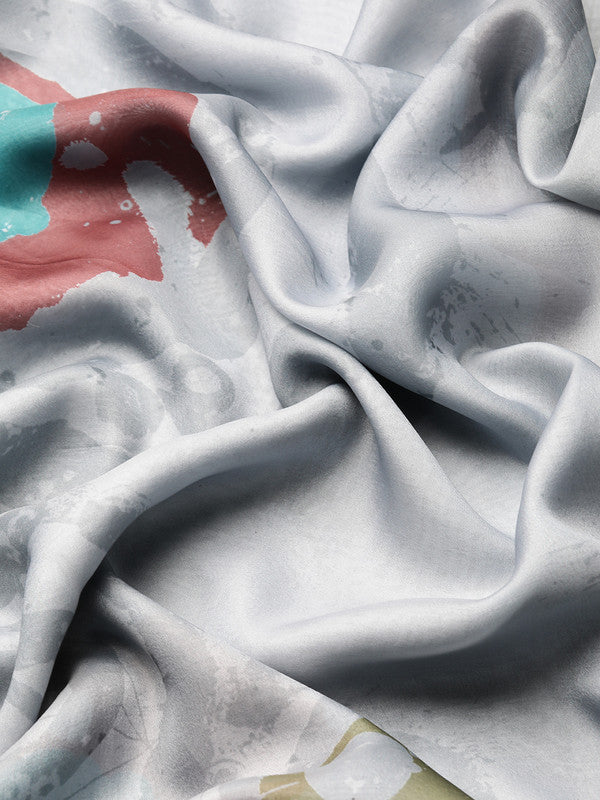 Gray Silk Blend Printed Abstract Saree with Unstitched Blouse - Hiral Fashion | Swadesiicart