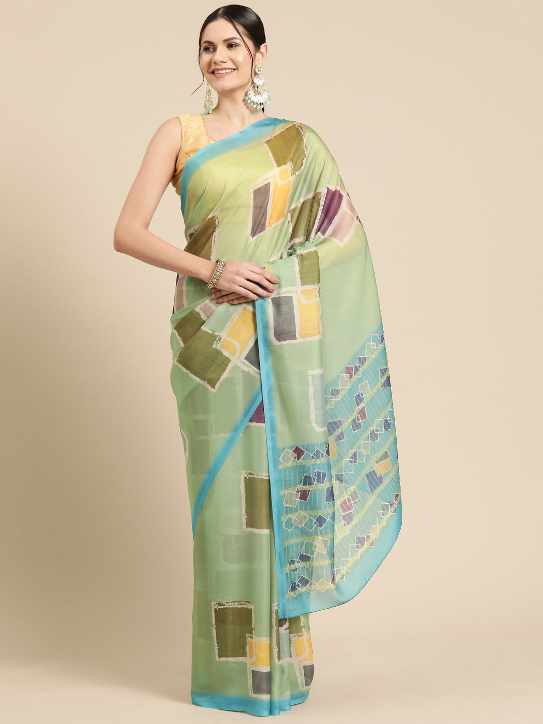 Olive Silk Blend Printed Abstract Saree with Unstitched Blouse - Hiral Fashion | Swadesiicart