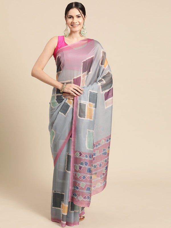 Multicolor Silk Blend Printed Abstract Saree with Unstitched Blouse - Hiral Fashion | Swadesiicart