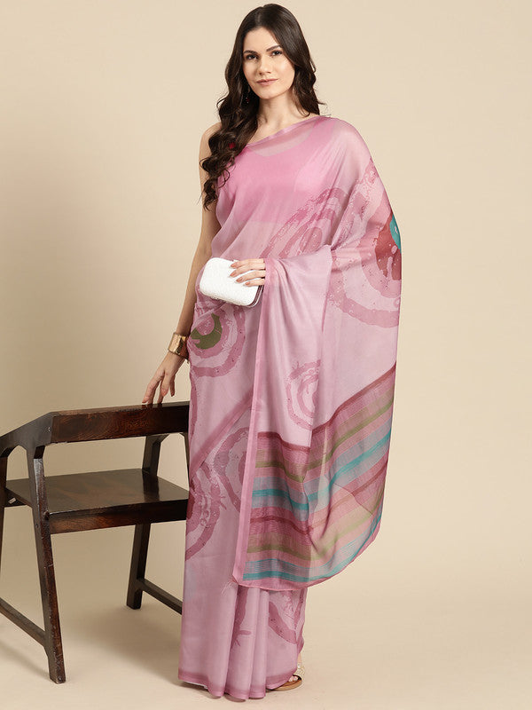 Peach Silk Blend Printed Abstract Saree with Unstitched Blouse - Hiral Fashion | Swadesiicart