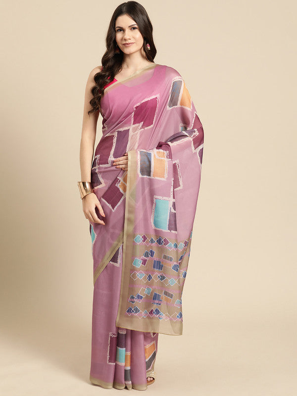 Pink Silk Blend Printed Abstract Saree with Unstitched Blouse - Hiral Fashion | Swadesiicart