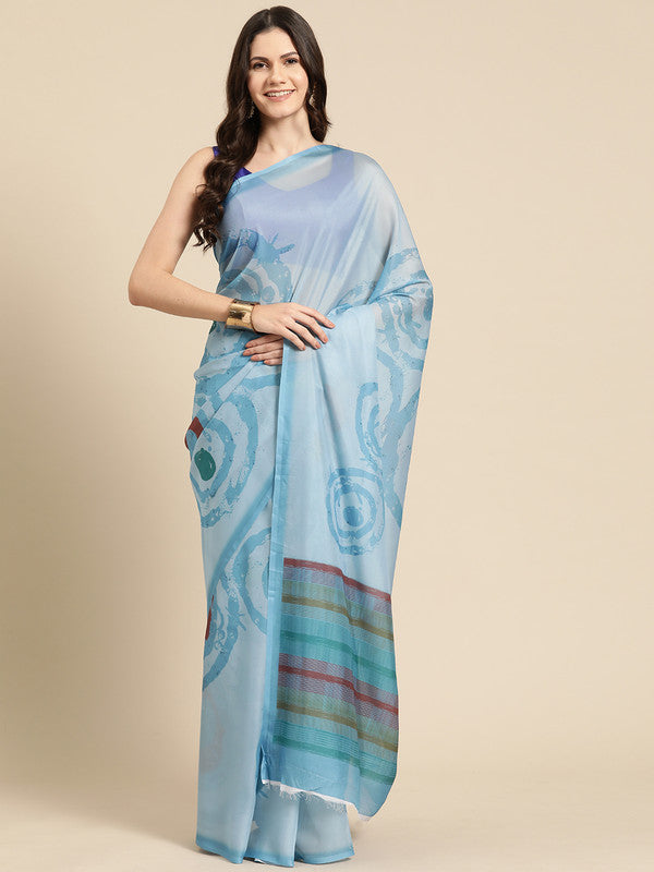 Sky Blue Silk Blend Printed Abstract Saree with Unstitched Blouse - Hiral Fashion | Swadesiicart
