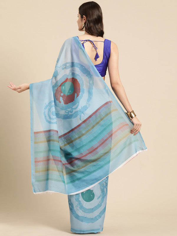 Sky Blue Silk Blend Printed Abstract Saree with Unstitched Blouse - Hiral Fashion | Swadesiicart