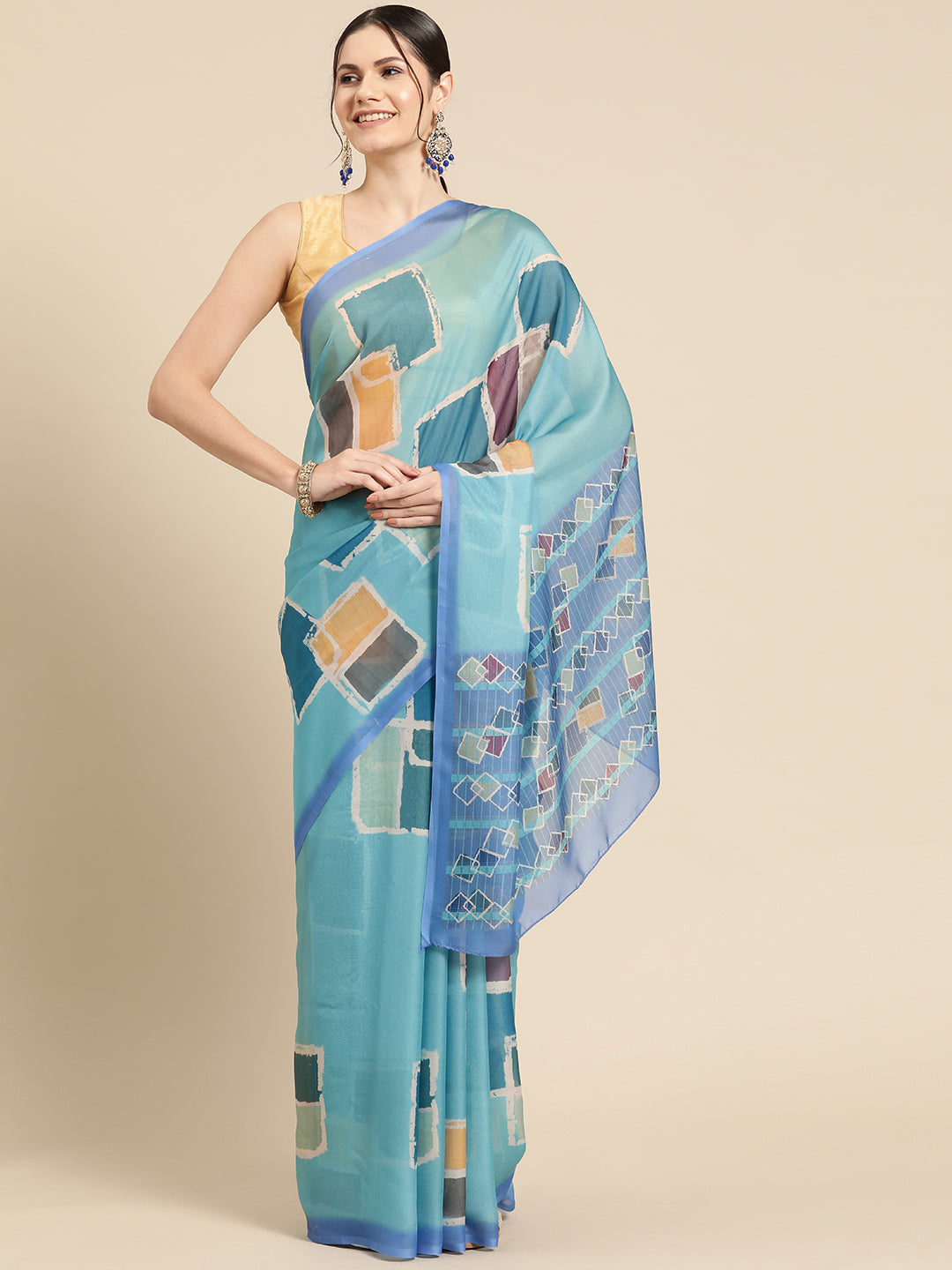 Turquoise Silk Blend Printed Abstract Saree with Unstitched Blouse - Hiral Fashion | Swadesiicart