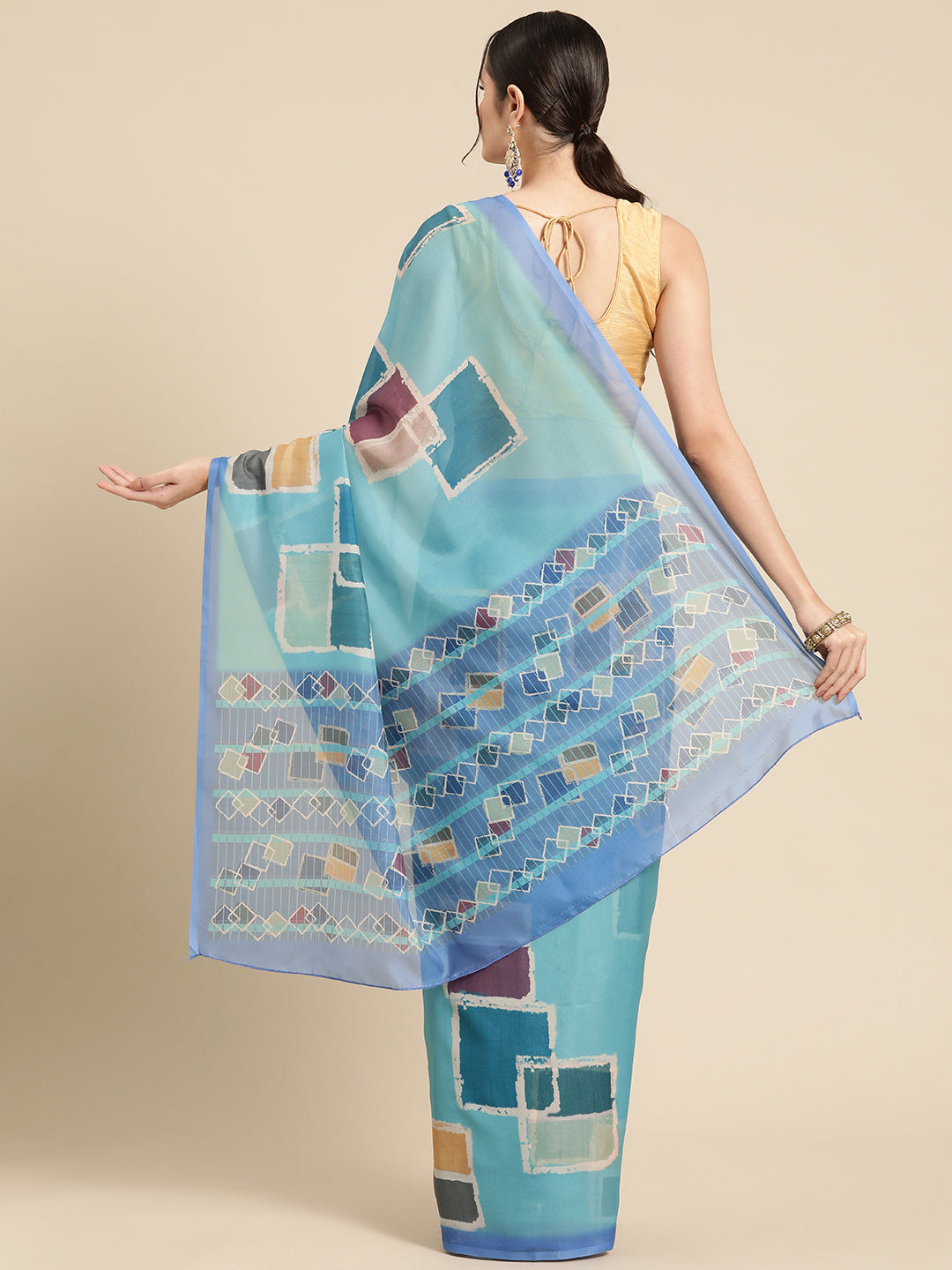 Turquoise Silk Blend Printed Abstract Saree with Unstitched Blouse - Hiral Fashion | Swadesiicart