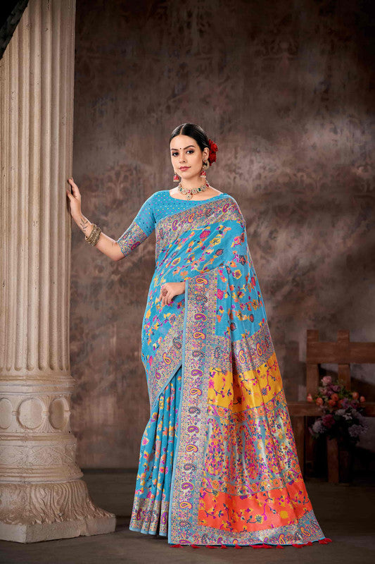 Blue Cotton Blend Woven Thread Floral Saree with Unstitched Blouse - Hiral Fashion | Swadesiicart