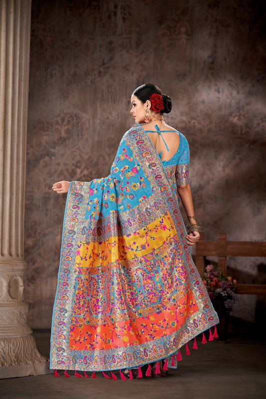 Blue Cotton Blend Woven Thread Floral Saree with Unstitched Blouse - Hiral Fashion | Swadesiicart