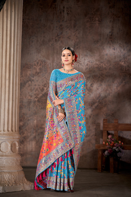 Blue Cotton Blend Woven Thread Floral Saree with Unstitched Blouse - Hiral Fashion | Swadesiicart