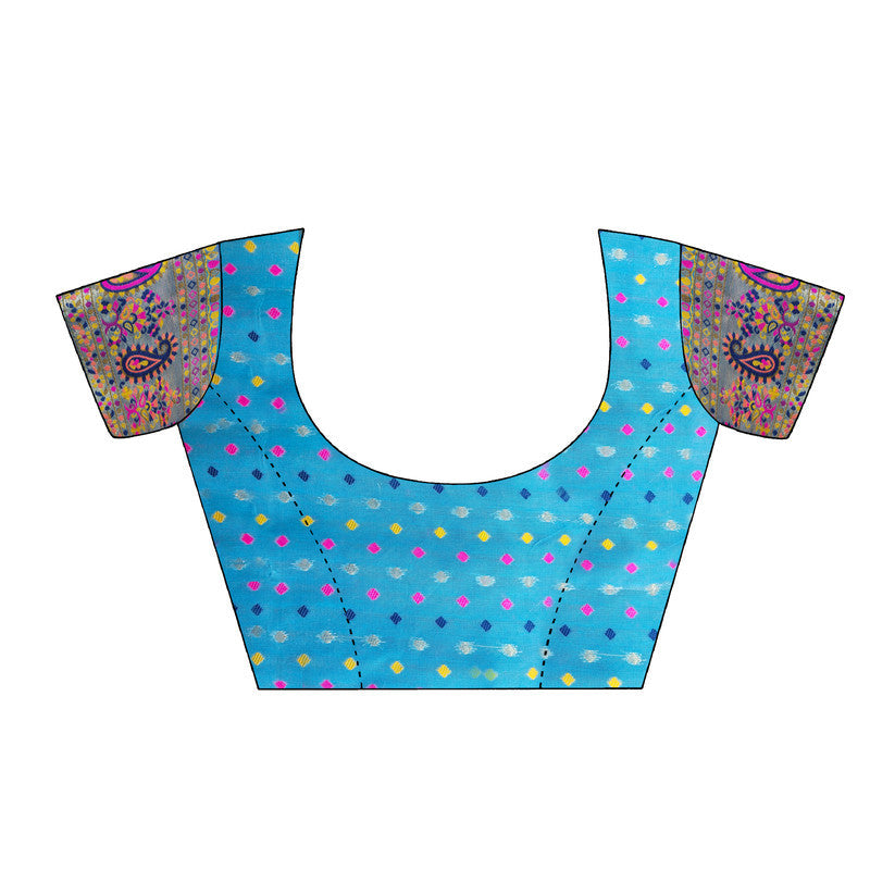 Blue Cotton Blend Woven Thread Floral Saree with Unstitched Blouse - Hiral Fashion | Swadesiicart