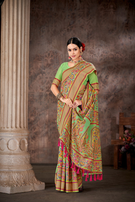 Green Cotton Blend Woven Thread Floral Saree with Unstitched Blouse - Hiral Fashion | Swadesiicart