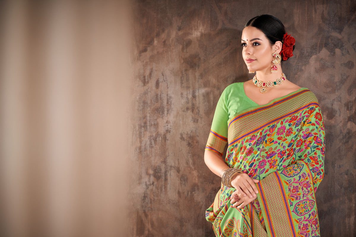 Green Cotton Blend Woven Thread Floral Saree with Unstitched Blouse - Hiral Fashion | Swadesiicart