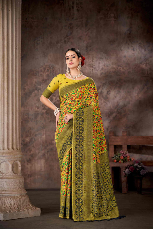 Mustard Cotton Blend Woven Thread Floral Saree with Unstitched Blouse - Hiral Fashion | Swadesiicart