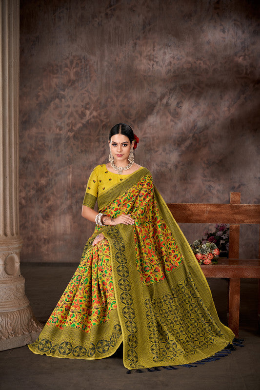 Mustard Cotton Blend Woven Thread Floral Saree with Unstitched Blouse - Hiral Fashion | Swadesiicart