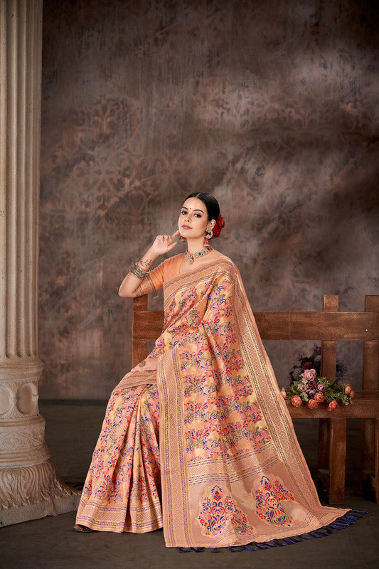 Pink Cotton Blend Woven Thread Floral Saree with Unstitched Blouse - Hiral Fashion | Swadesiicart