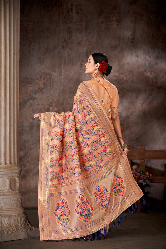 Pink Cotton Blend Woven Thread Floral Saree with Unstitched Blouse - Hiral Fashion | Swadesiicart