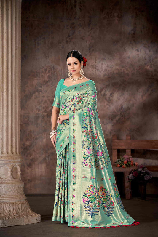 Turquoise Cotton Blend Woven Thread Floral Saree with Unstitched Blouse - Hiral Fashion | Swadesiicart