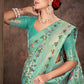 Turquoise Cotton Blend Woven Thread Floral Saree with Unstitched Blouse - Hiral Fashion | Swadesiicart