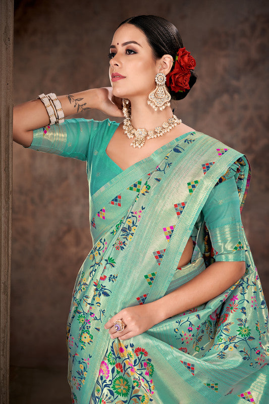 Turquoise Cotton Blend Woven Thread Floral Saree with Unstitched Blouse - Hiral Fashion | Swadesiicart