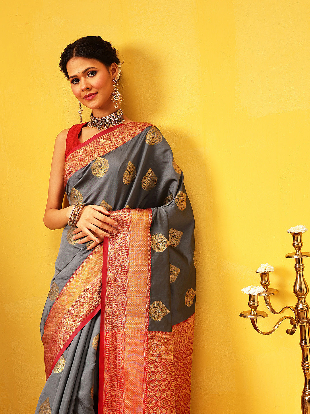 Hiral Fashion Grey Kanjeevaram Silk Woven Design Saree | Swadesiicart