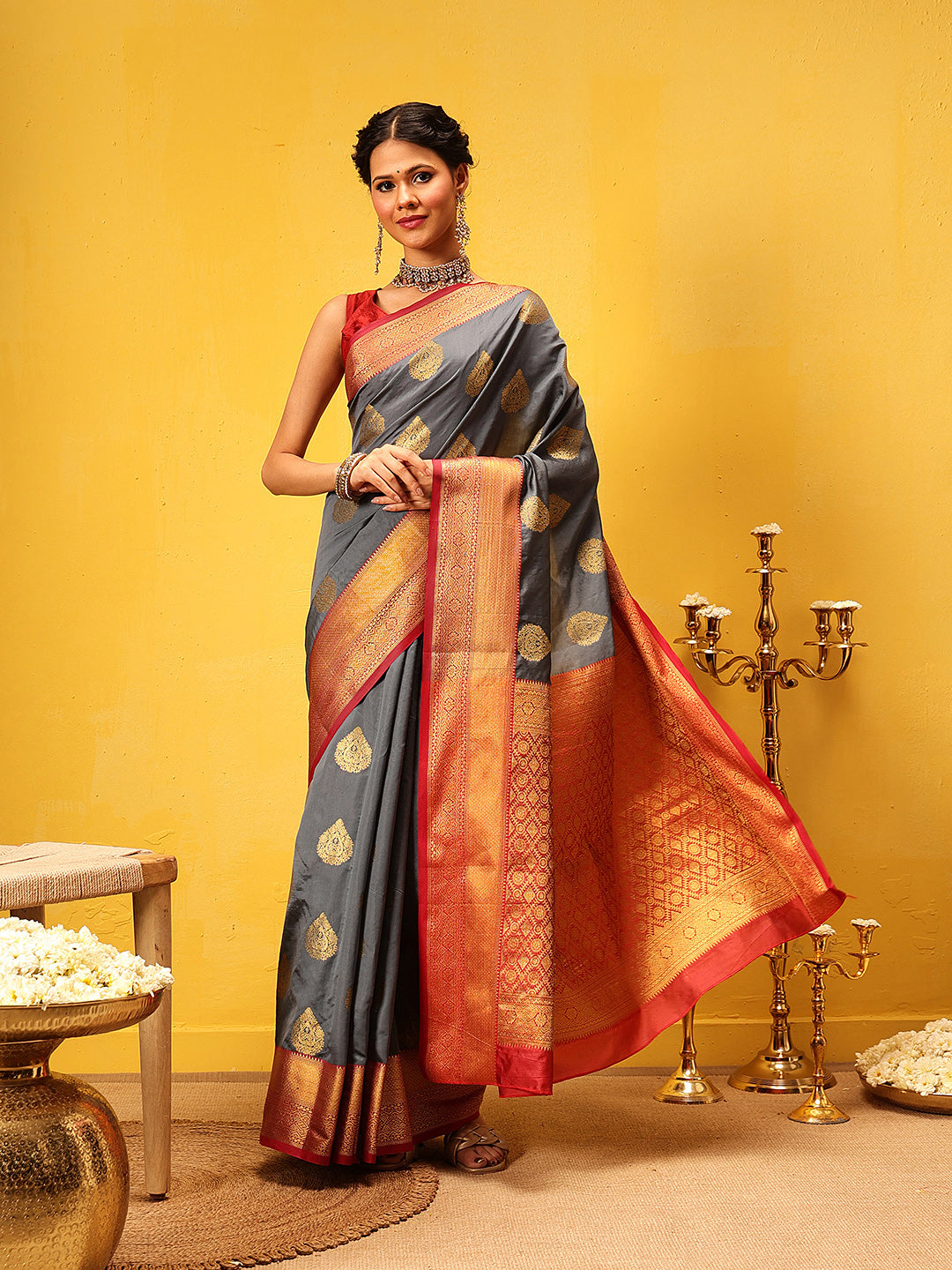 Hiral Fashion Grey Kanjeevaram Silk Woven Design Saree | Swadesiicart
