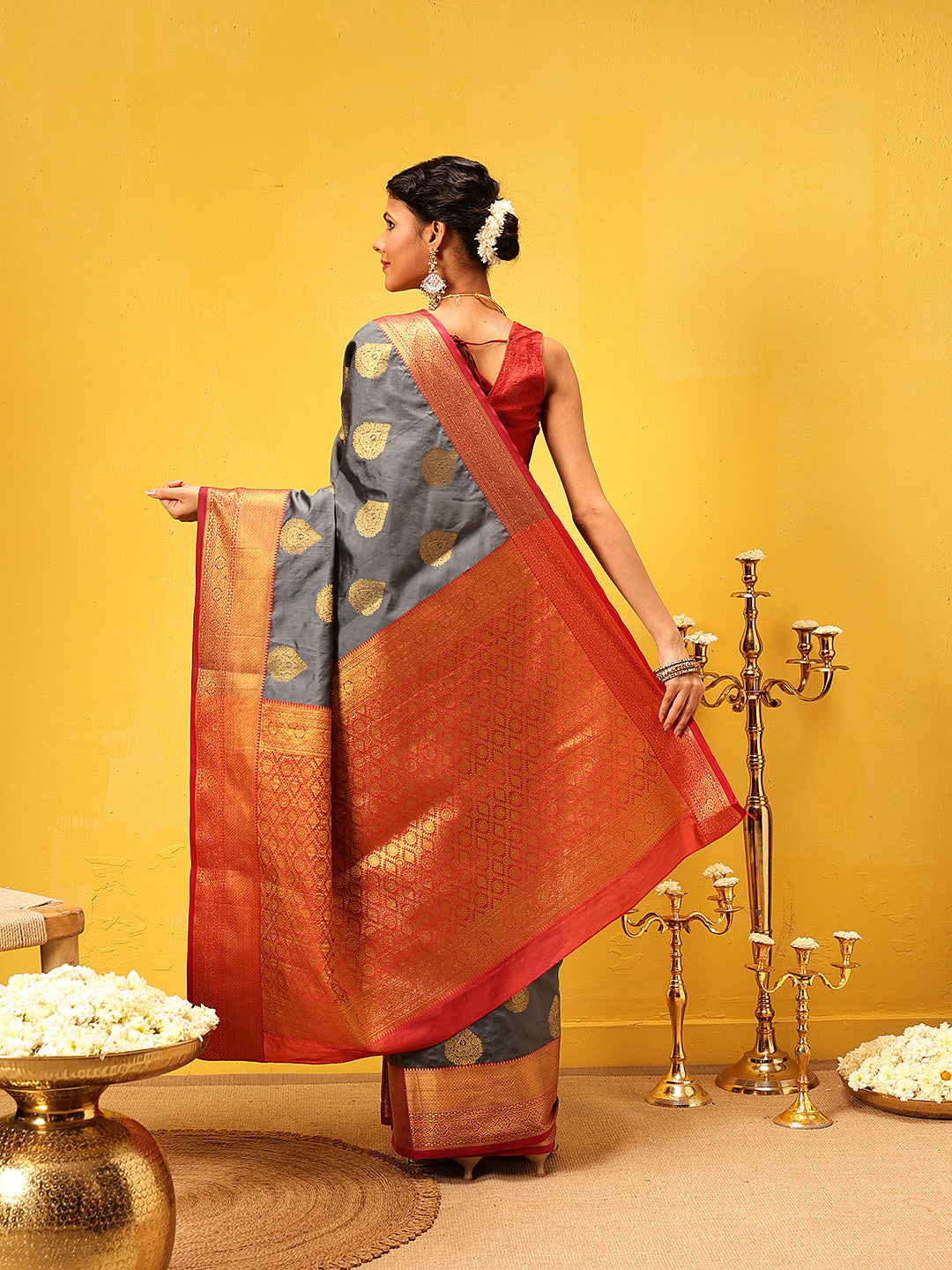 Hiral Fashion Grey Kanjeevaram Silk Woven Design Saree | Swadesiicart