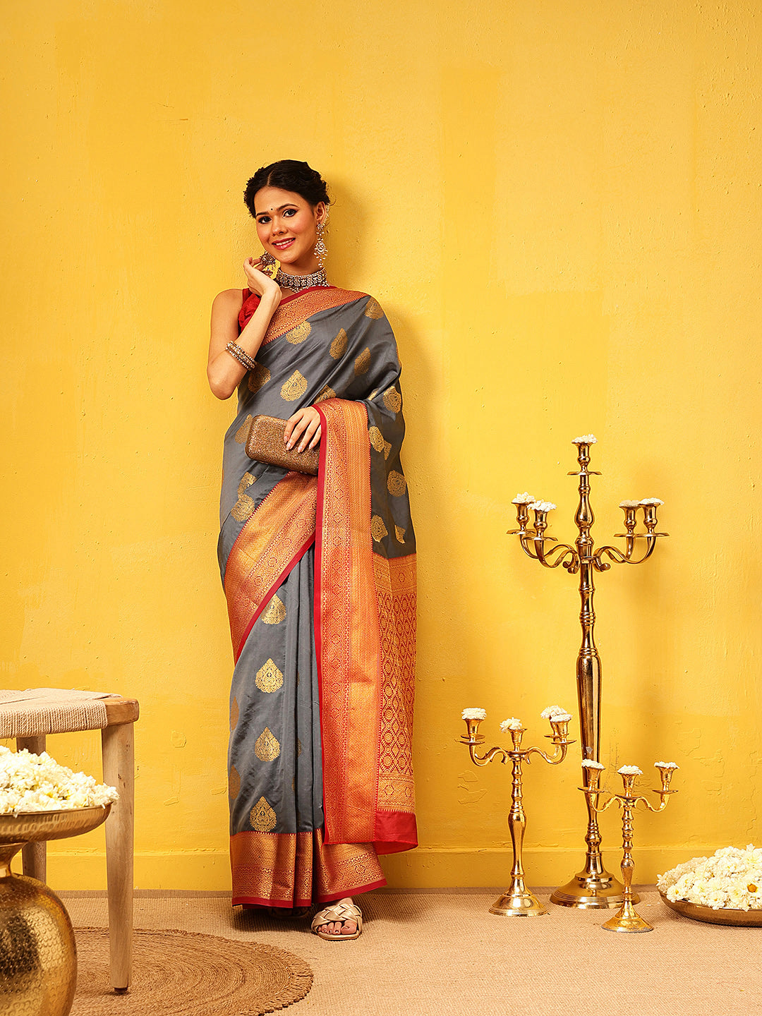 Hiral Fashion Grey Kanjeevaram Silk Woven Design Saree | Swadesiicart