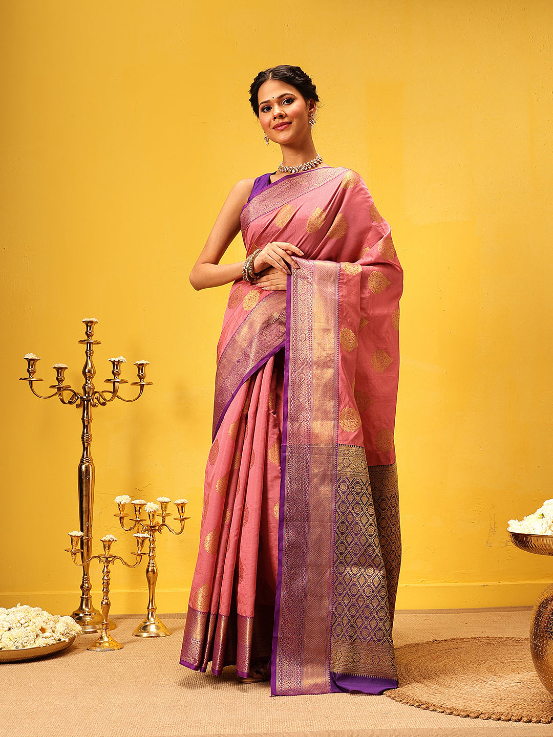 Hiral Fashion Pink Kanjeevaram Silk Woven Design Saree | Swadesiicart