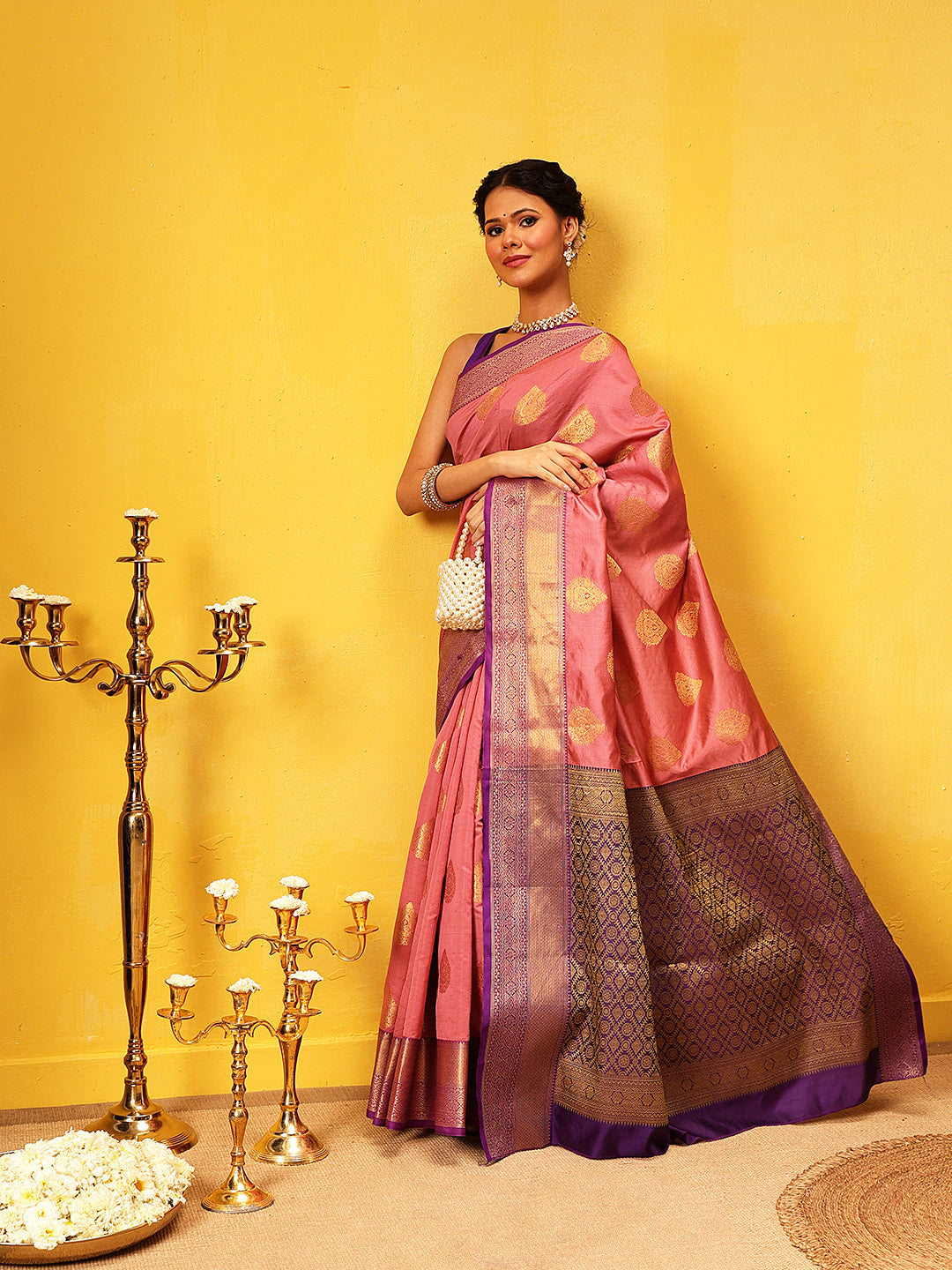 Hiral Fashion Pink Kanjeevaram Silk Woven Design Saree | Swadesiicart