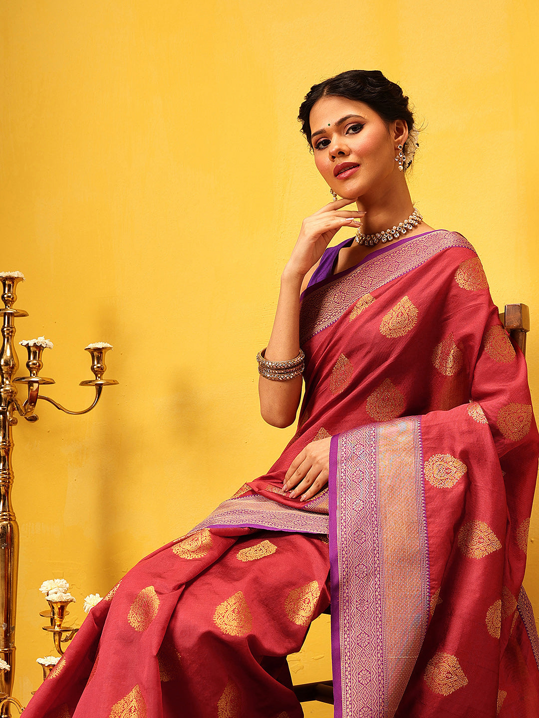 Hiral Fashion Red Kanjeevaram Silk Woven Design Saree | Swadesiicart