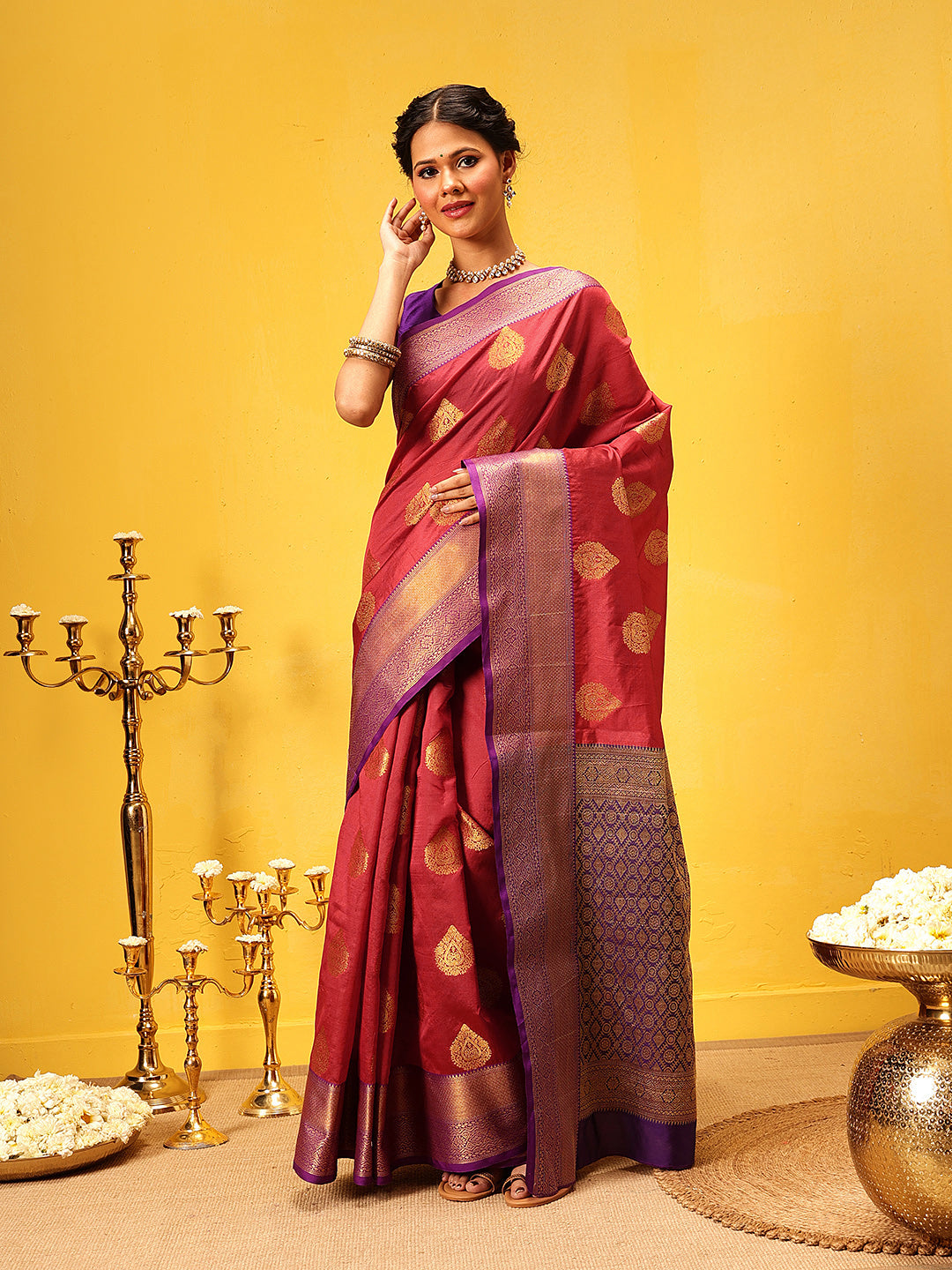 Hiral Fashion Red Kanjeevaram Silk Woven Design Saree | Swadesiicart
