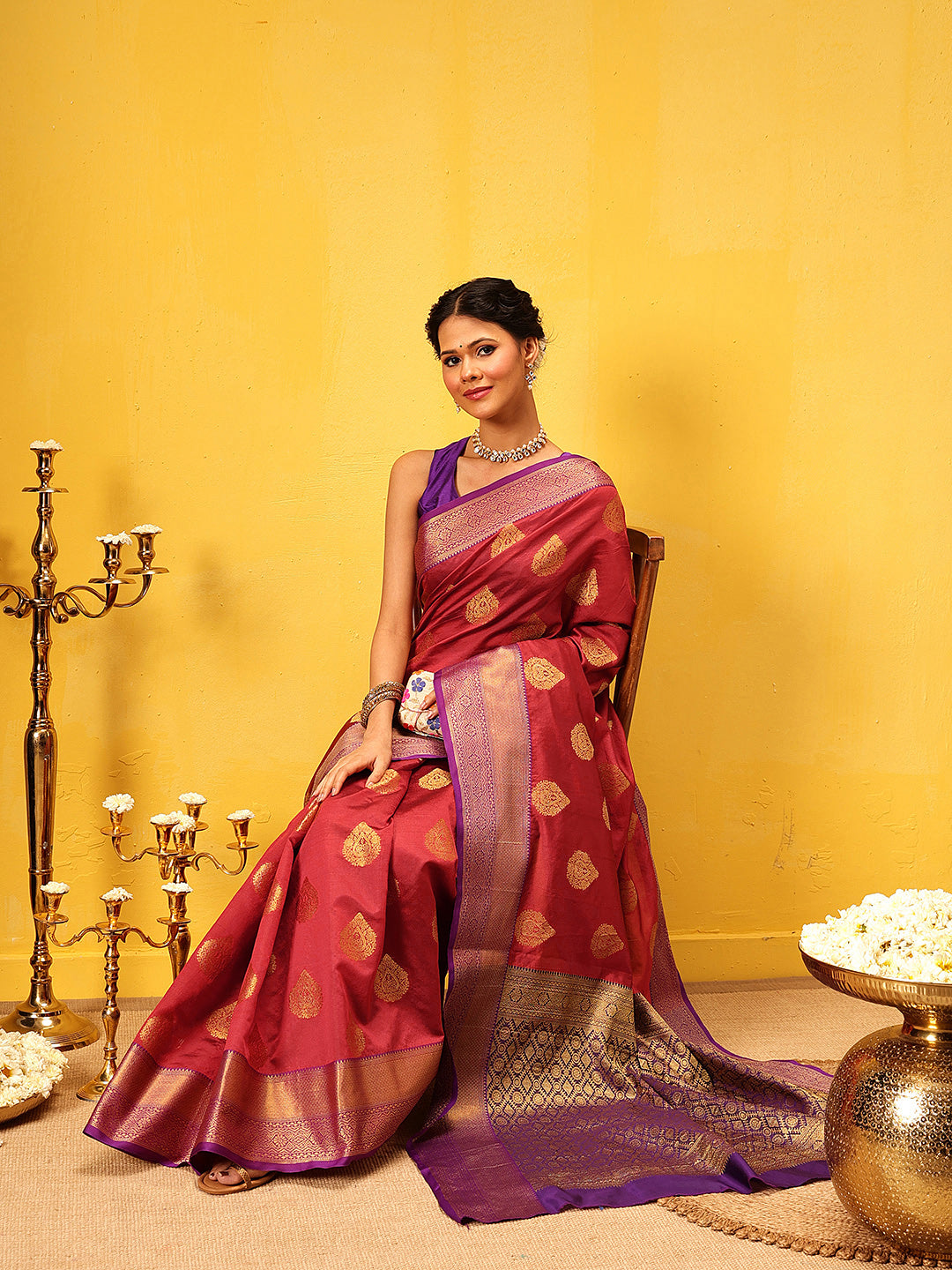 Hiral Fashion Red Kanjeevaram Silk Woven Design Saree | Swadesiicart