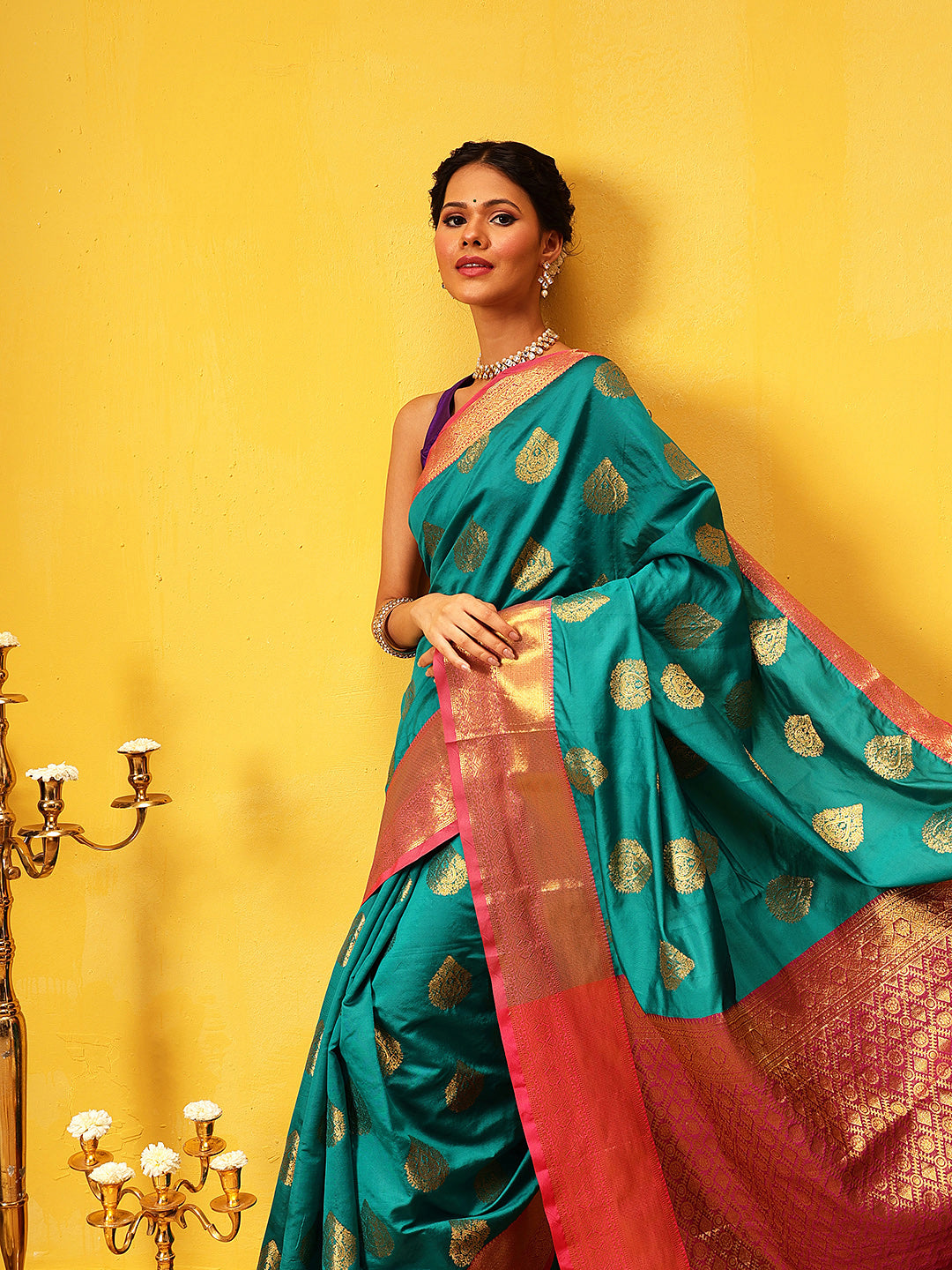 Hiral Fashion Teal Kanjeevaram Silk Woven Design Saree | Swadesiicart