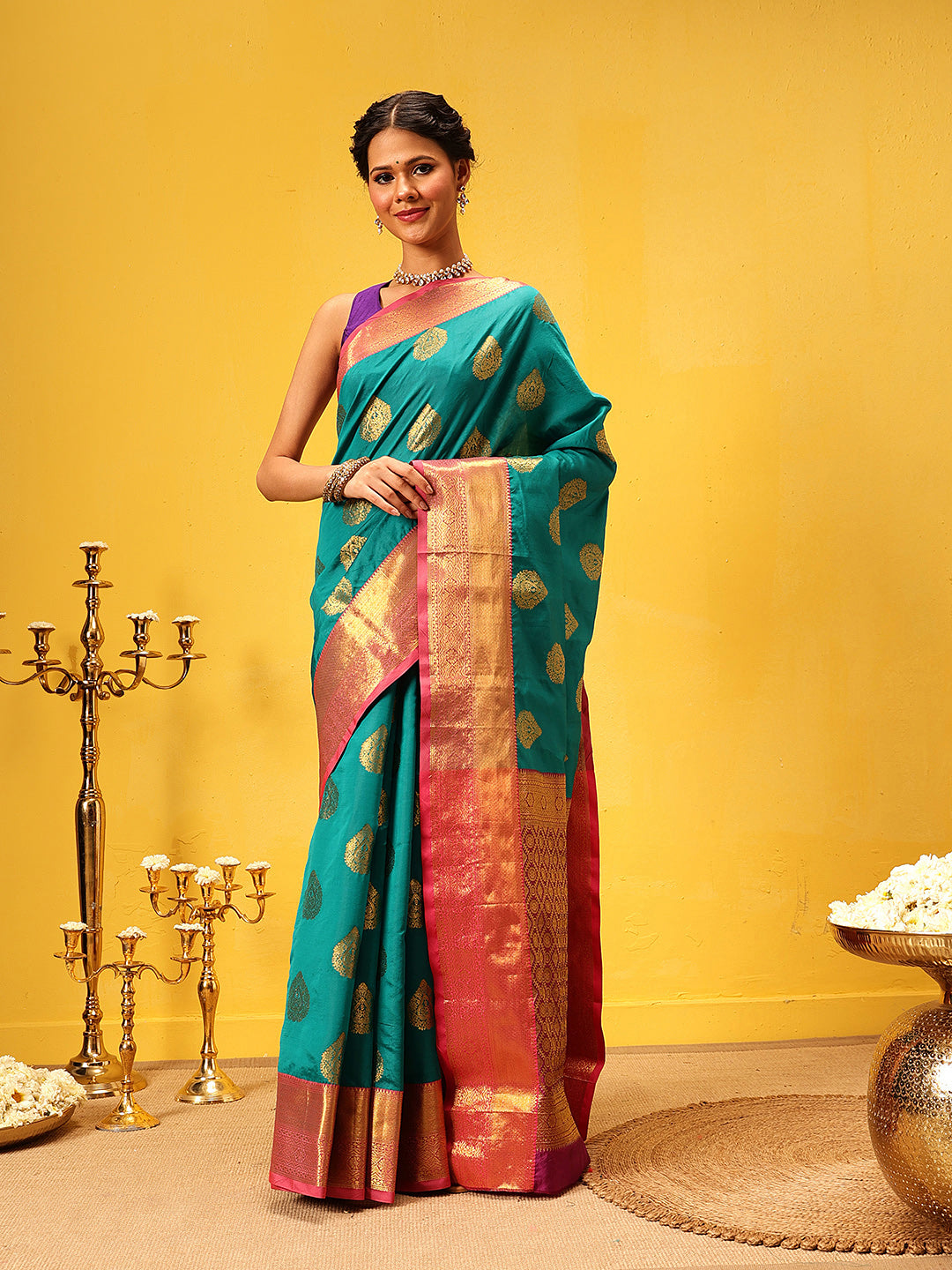 Hiral Fashion Teal Kanjeevaram Silk Woven Design Saree | Swadesiicart